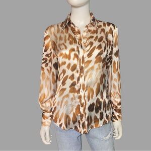 Zara Leopard Print Long Sleeve Button Down Satin Blouse